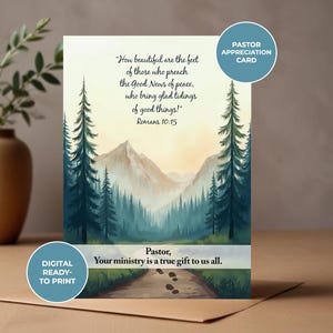 May include: A digital ready-to-print Pastor Appreciation Card. The card features a watercolor landscape with pine trees, mountains, and a path. Text includes a Bible verse and a message to the pastor.