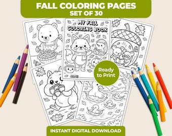 Dibujos de otoño para colorear para niños, juego de 30 hojas, animales y escenas del bosque adorables y divertidos, listos para imprimir, descarga instantánea, páginas de otoño