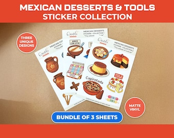 Colección de pegatinas de postres y utensilios mexicanos, paquete de 3 hojas, pegatinas de vinilo recortables, resistentes al agua