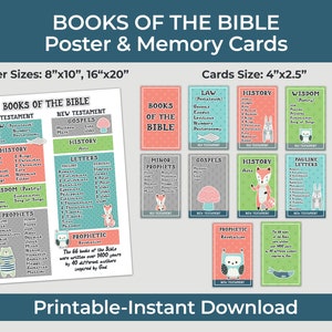 Cartaz e cartões de memória dos livros da Bíblia para crianças – Design de animais fofos – Imprimível cristão para escola dominical ou creche – Download instantâneo