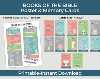 Póster y tarjetas de memoria de los Libros de la Biblia para niños – Diseño de animales adorables – Imprimible cristiano para la escuela dominical o la guardería – Descarga instantánea