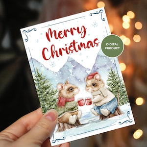 Cozy Christmas Card - Digital Download - Printable - Animals Greeting Card - Merry Christmas - Happy Mice