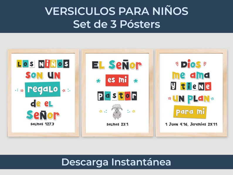 Pode incluir: Conjunto de tr&ecirc;s cartazes coloridos com texto e ilustra&ccedil;&otilde;es em espanhol. Os cartazes apresentam as frases "Los ni&ntilde;os son un regalo de el Se&ntilde;or", "El Se&ntilde;or es mi Pastor", e "Dios me ama y tiene um plano para mim".