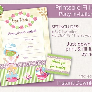 Faire-parts pour fête de spa, Faire-parts de spa imprimables à remplir, Faire-parts avec carte de remerciement, Faire-parts de fête imprimables, Faire-part d'anniversaire