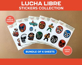 Lucha Libre Sticker Collection, Mexican Wrestling Masks, Luchadores & Retro Scenes, Bundle Of 6 Sheets, Cut-Out Vinyl Stickers