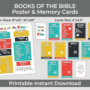 Cartaz e cartões de memória dos livros da Bíblia – Imprimível cristão para crianças – Recurso de aprendizagem para a Escola Dominical – Download instantâneo - Digital