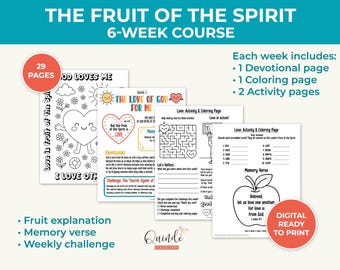 Fruto del Espíritu para niños, curso de 6 semanas, lecciones de escuela dominical, campamento de verano, currículo de la iglesia, educación en casa, digital, PDF imprimible