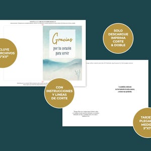 May include: Printable thank you card template with a watercolor background and the text "Gracias por tu coraz&oacute;n para servir". The card is designed to be folded and includes instructions and cut lines. The template is available in two sizes: 8.5" x 11" and 5" x 7".
