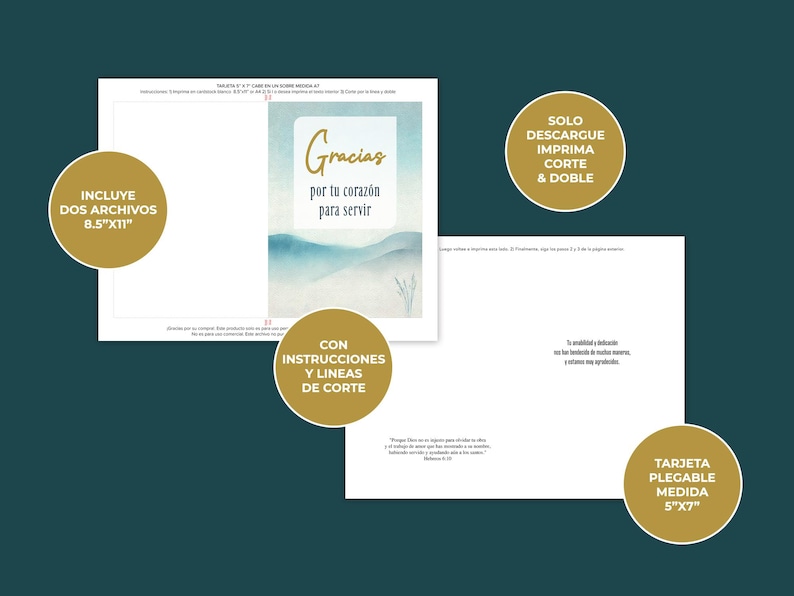 May include: Printable thank you card template with a watercolor background and the text "Gracias por tu coraz&oacute;n para servir". The card is designed to be folded and includes instructions and cut lines. The template is available in two sizes: 8.5" x 11" and 5" x 7".