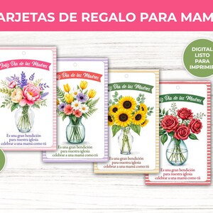 May include: Four printable gift tags featuring floral bouquets in vases. The tags are decorated with a striped pattern and the text "Feliz Dia de las Madres" which translates to "Happy Mother's Day". Each tag includes the text "Es una gran bendición para nuestra iglesia celebrar a una mamá como tú" which translates to "It is a great blessing for our church to celebrate a mother like you".