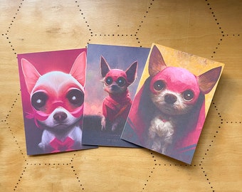 Hot Pink Chihuahuas! | Set of 5x7 greeting/notecards w/kraft envelopes | digital art | chi | puppy dog | Superhero | Art Card