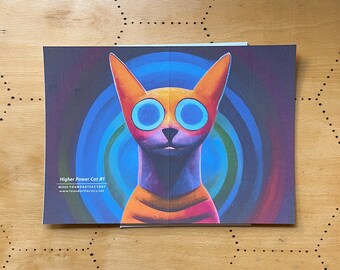 Higher Power Cat #1 | Set of Greeting cards w/envelopes | BIG 5x7 | folded notecard | Cats | Graphic Art | Felines | 12 step | AI inspired