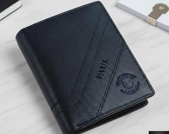 Personalisierte Schwarze Leder Geldbörse Gravierte Bifold Geldbörse für Herren Einzigartiges Geschenk zum Vatertag Jubiläum Geburtstag für