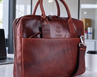 Borsa per laptop in pelle da uomo personalizzata, borsa portadocumenti in pelle pieno fiore, borsa a tracolla fatta a mano, borsa da lavoro, borsa a tracolla compatibile con schermi da 15,6 pollici, regalo per lui