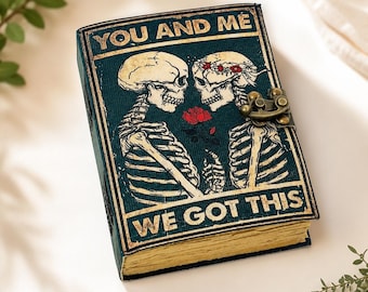 Gothic Skeleton Couple Leather Journal with Lock, Lovers Tarot Notebook, Vintage Blank Spell Book, Handmade Travel Diary Gift for Him Her