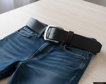 Handmade Full Grain Leather Belt for Men, Thick Cowhide 1.5 Inch Black Belt, Minimalist Men's Belt, Anniversary Gift for Him, Gift for Dad