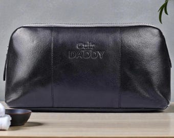 Personalized Genuine Black Leather Toiletry Bag  for Men, Handmade Dopp Kit, Custom Wash Bag, Travel Grooming Case, Gift for Dad Husband