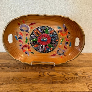 Vintage MCM, Mexican Batea Hand-Carved Folk Art Toile , Hand Painted Wooden Tray