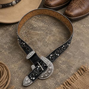 Justin Belt Women 36 Black Leather Skinny Western Engraved Buckle Concho Cowgirl Justin Boots for Women Black Belts for sale | eBay main image 3