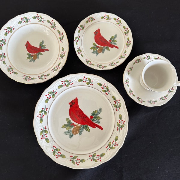 Gibson China Christmas Cardinal Holiday Dinnerware Gold Rimmed Holly Accents  Replacement Pieces