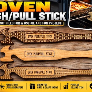 Könnte beinhalten: Drei hölzerne Ofen-Schiebestäbe mit einem Hakenende und einem Loch am Griff. Zwei Stäbe haben ein geometrisches Muster, einer ist schlicht. Jeder Stab ist mit dem Text OVEN PUSH/PULL STICK graviert. Das Set enthält verschiedene digitale Dateiformate.