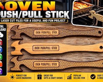 May include: Three wooden oven push/pull sticks with a hook end and a hole at the handle. Two sticks feature a geometric pattern, while one is plain. Each stick is engraved with the text OVEN PUSH/PULL STICK. The set includes digital file formats.