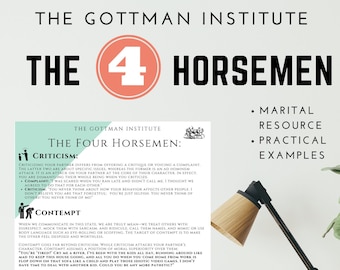 May include: A green and white infographic titled "The Four Horsemen" with illustrations of four figures representing the four communication styles that can damage relationships: Criticism, Contempt, Defensiveness, and Stonewalling. The infographic includes a description of each communication style and examples of how they might manifest in a relationship.