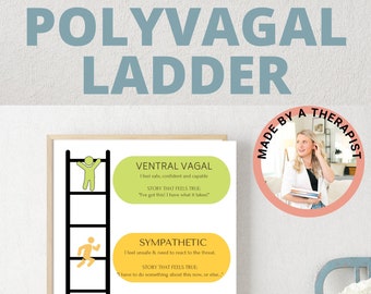 May include: A printable poster with a ladder and three colored circles. Each circle represents a state of the nervous system: Ventral Vagal, Sympathetic, and Dorsal Vagal. The poster includes a description of each state and the corresponding story that feels true. The poster is titled "Polyvagal Ladder" and is made by a therapist.