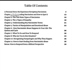May include: Table of contents for a book titled "Understanding Narcissism: Taking Back Control of Your Inner World". The table lists chapters and page numbers for topics such as navigating narcissism, types of empathy, and narcissistic abuse.