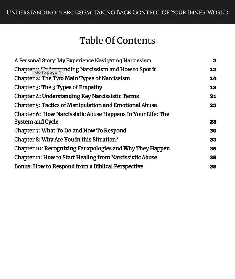 May include: Table of contents for a book titled "Understanding Narcissism: Taking Back Control of Your Inner World". The table lists chapters and page numbers for topics such as navigating narcissism, types of empathy, and narcissistic abuse.