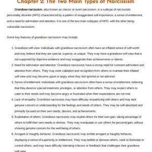 May include: A page from a book titled "Understanding Narcissism: Taking Back Control of Your Inner World." The page is titled "Chapter 2: The Two Main Types of Narcissism." The text describes the characteristics of grandiose narcissism, also known as classic or overt narcissism.