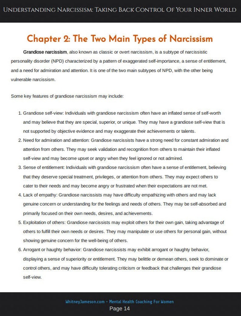 May include: A page from a book titled "Understanding Narcissism: Taking Back Control of Your Inner World." The page is titled "Chapter 2: The Two Main Types of Narcissism." The text describes the characteristics of grandiose narcissism, also known as classic or overt narcissism.