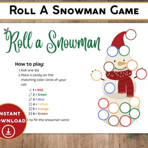 May include: Printable game board featuring a snowman with a red hat, scarf, and carrot nose. The game instructions are to roll a die and place a sweet on the matching colour circle on the snowman. The colours are red, green, blue, yellow, orange, and brown.