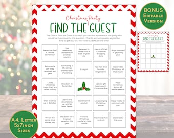 Puede incluir: Un juego de fiesta de Navidad imprimible llamado "Encuentra al Invitado". El juego tiene una cuadrícula de 16 cuadrados con diferentes preguntas con temas navideños. El objetivo del juego es encontrar un invitado que coincida con la respuesta a cada pregunta.