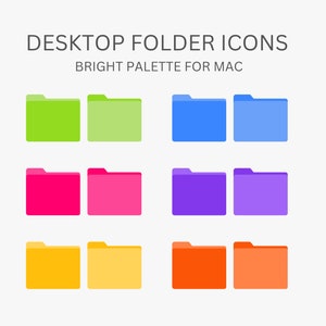 Può includere: Nove icone di cartelle colorate disposte in una griglia. Le icone sono in tonalità di verde, blu, rosa, viola, giallo e arancione. Il testo "DESKTOP FOLDER ICONS" è in cima all'immagine, e il testo "BRIGHT PALETTE FOR MAC" è sotto.