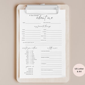 Favorite Things List for Coworkers, Printable Favorites List, Coworker Questions, All About Me Survey, Gift Exchange Ideas, Get to Know
