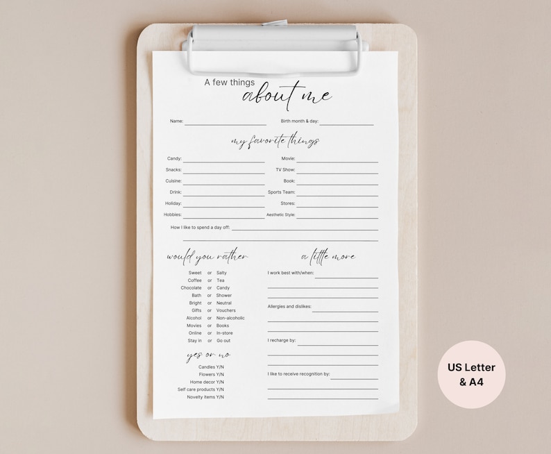 Favorite Things List for Coworkers Printable Favorites List - Etsy