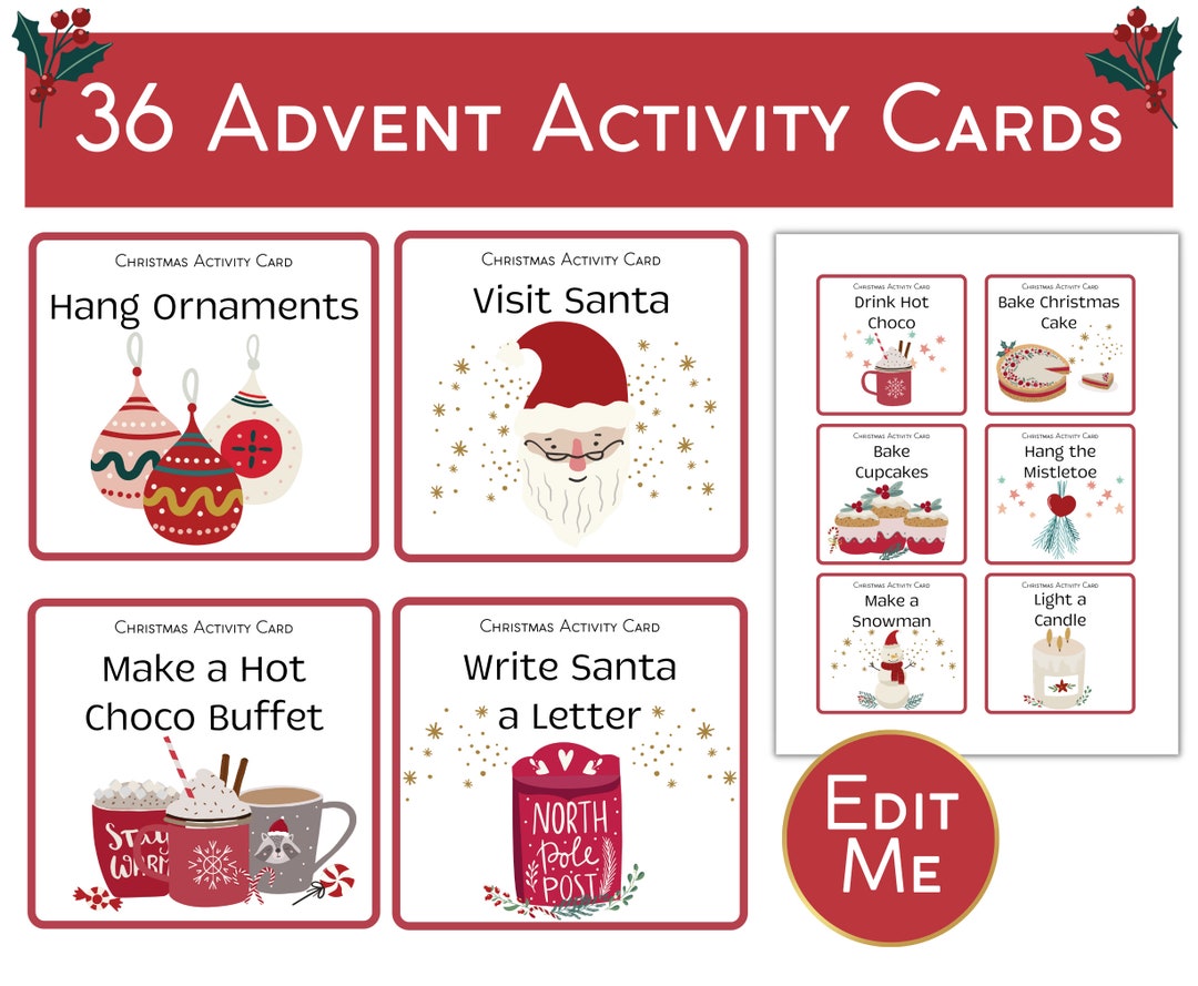 Editable Advent Calendar Activity Cards Christmas Countdown Etsy