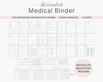 May include: A minimalist medical binder with 37 pages, including medication trackers. The title "Minimalist Medical Binder" is at the top. The text "Includes Bestselling Medication Trackers" and "Instant Download" are also visible. The words "Bestseller Medication Trackers" are in a circle.