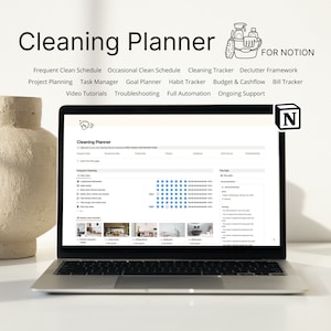 May include: A laptop computer displaying a cleaning planner template for the note-taking app Notion. The template includes sections for frequent cleaning, occasional cleaning, cleaning tracker, declutter framework, project planning, task manager, goal planner, habit tracker, budget and cashflow, bill tracker, video tutorials, troubleshooting, full automation, and ongoing support.
