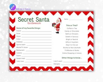 Secret Santa Questionnaire, Gift Exchange, White Elephant, Office Party Games, Christmas Wishlist, Adult Party Games