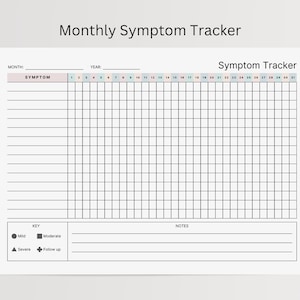 Afdrukbaar symptoomtracker, maandelijks IBS-symptomenlogboek, dagboek chronische pijn, migrainegrafiek, slaapgezondheidsdagboek, invoer van ernst en frequentie