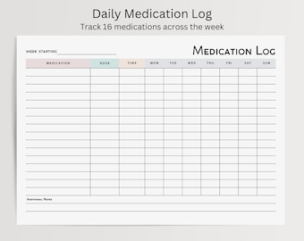 Medication Tracker Minimalist, Medication Log, Medication List, Medicine Tracker, Nursing Student or Carer Template, Editable Fillable PDF