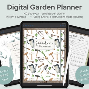 May include: A digital garden planner featuring a watercolour design of gardening tools and plants. The planner is 102 pages long and includes a video tutorial and instructions guide. The planner is compatible with iPad and Android devices.