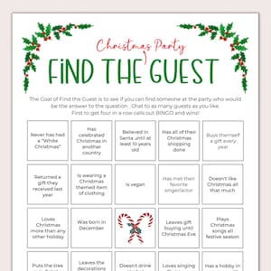 Vind de gastkerstspel, vind de gastbingo, kerstfeestspel, ijsbrekerbingo, zoek iemand die, afdrukbare kerstspellen