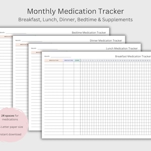 Monthly Medication Tracker for Breakfast Lunch Dinner & Supplements, Printable Medicine List for Nurses Carers, Vitamin Schedule, Tablet Log