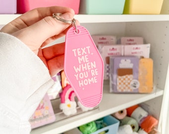 Pink Driver Keyring, text me when you're home, cute retro keyring, motel keyring