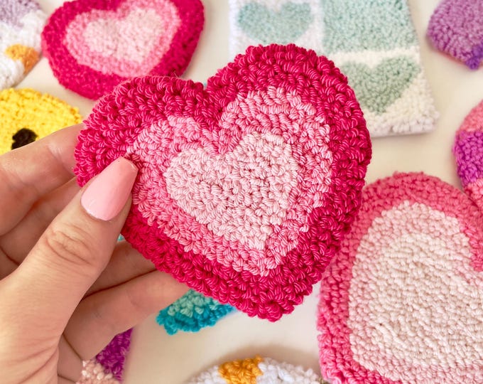 Handmade heart drinks coaster, mug rug, punch needle, office decor, desk decor, trendy home decor