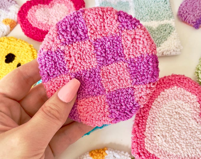 Handmade checker coaster, mug rug, punch needle, office decor, desk decor, trendy home decor