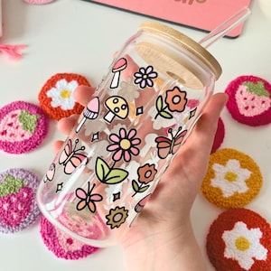 Floral Whimsical Glass Tumbler With Bamboo Lid and Glass Straw, Girlie Vibes, Gifts For Her, Iced Coffee Cup